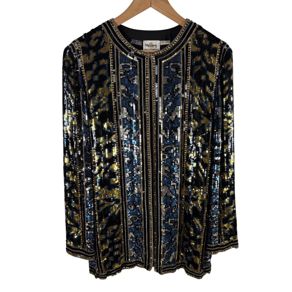 Vtg Oleg Cassini Sequin Jacket Women's M Black Silk Glam 80s Formal Maximalist